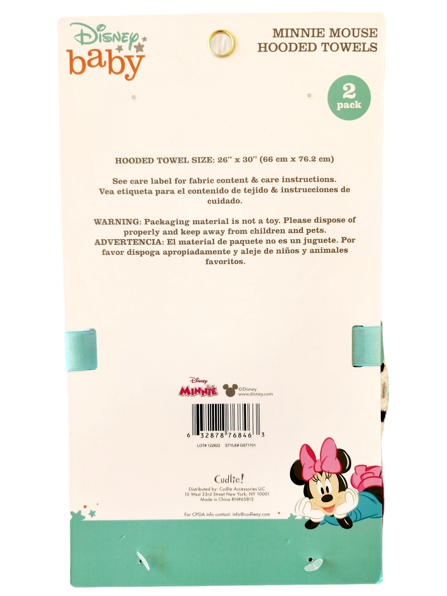 Minnie 2pk Rolled Hooded Baby Towel on Card