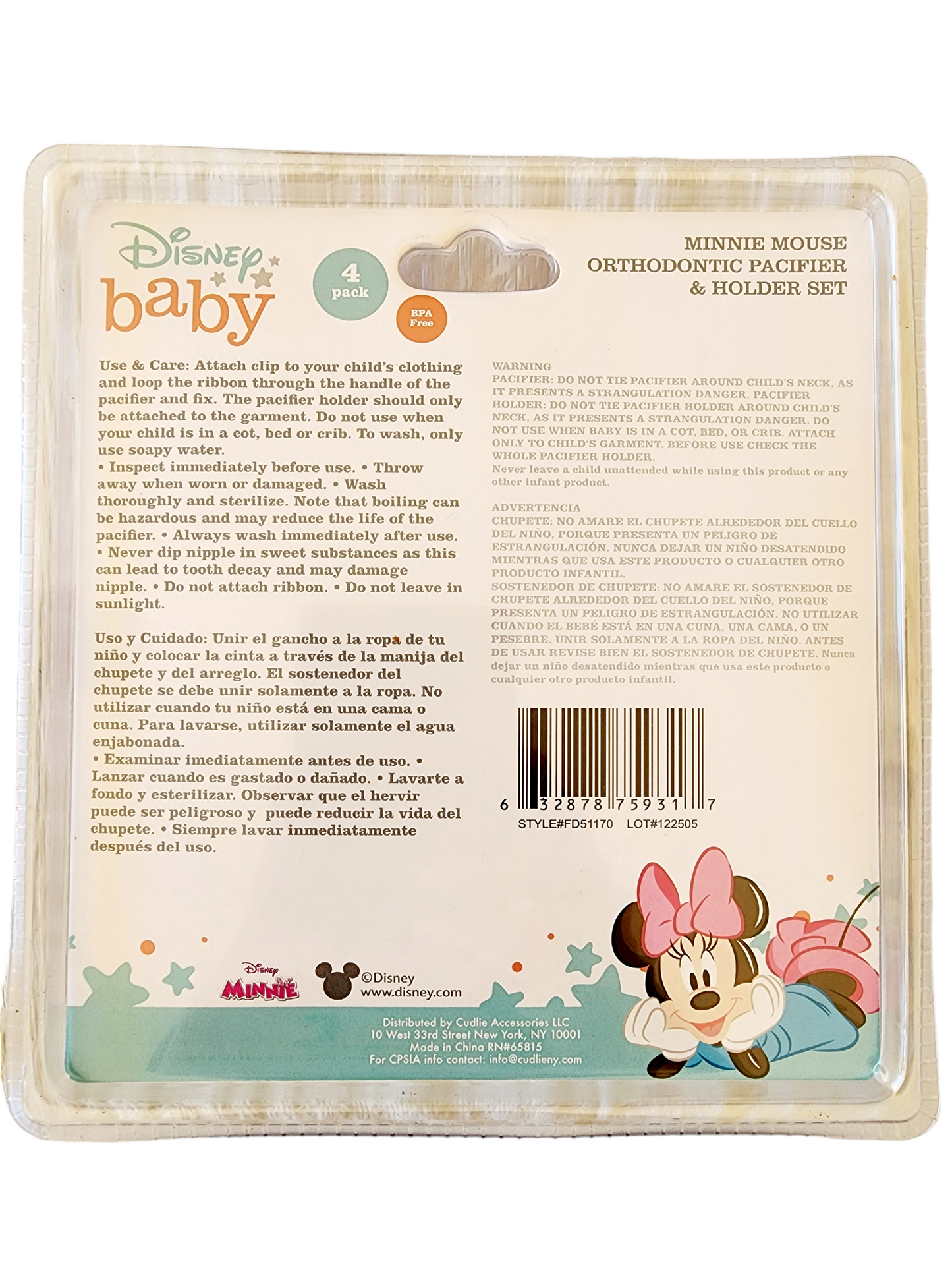 Minnie 2pk Pacifier + 2 Clips on Card