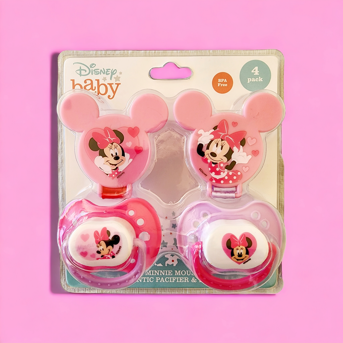Minnie 2pk Pacifier + 2 Clips on Card